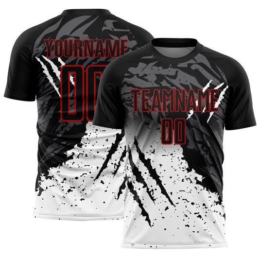 Custom Black White-Red Gradient Scratch Splash Sublimation Soccer Uniform Jersey - Main View