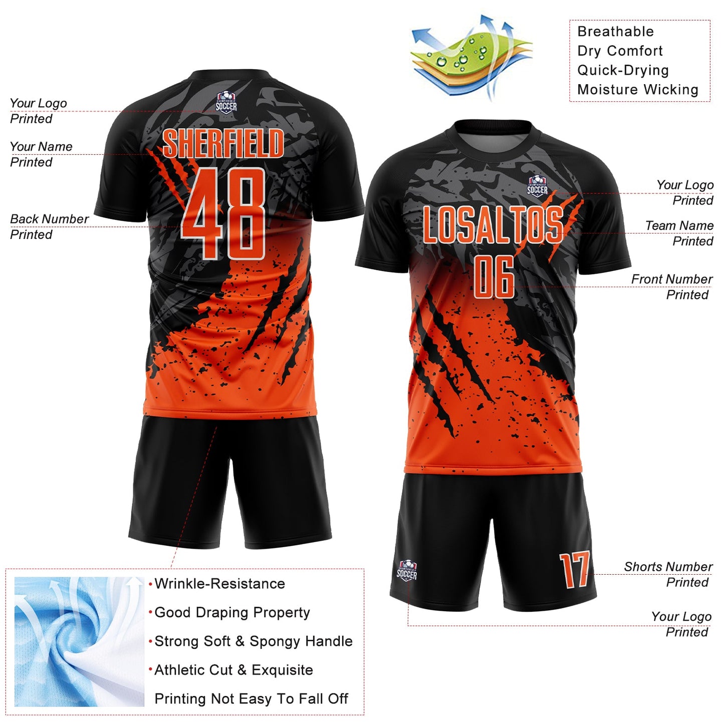 Custom Black Orange-White Gradient Scratch Splash Sublimation Soccer Uniform Jersey view 4