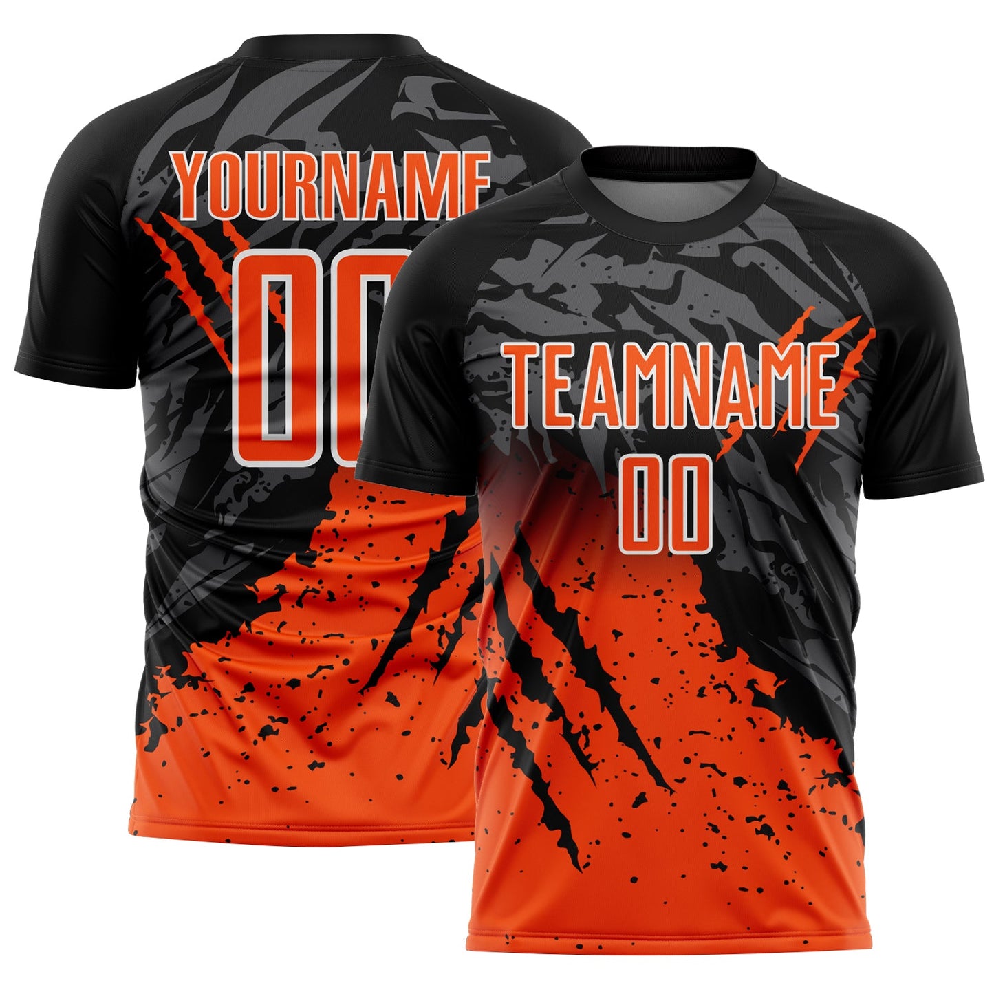 Custom Black Orange-White Gradient Scratch Splash Sublimation Soccer Uniform Jersey - Main View