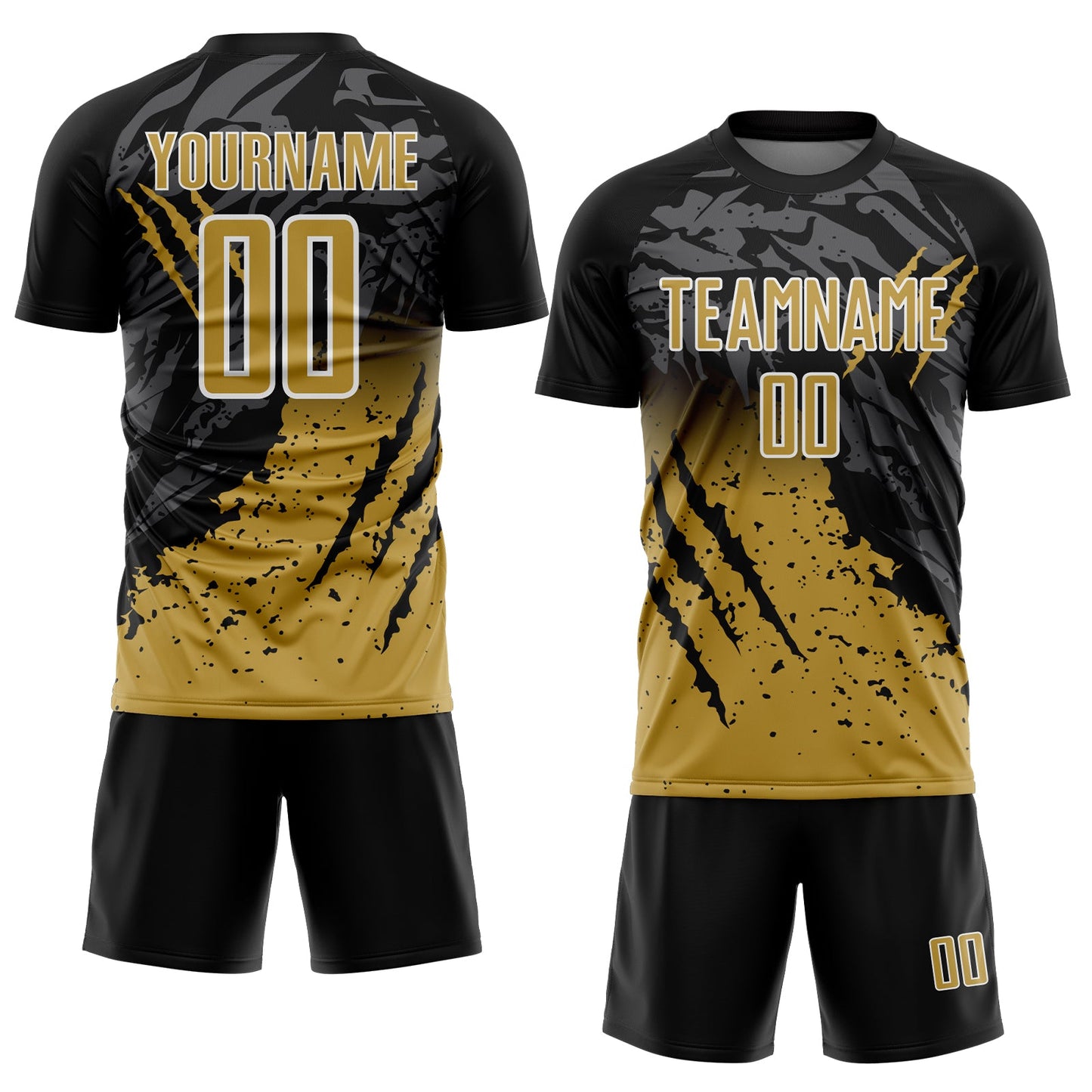 Custom Black Old Gold-White Gradient Scratch Splash Sublimation Soccer Uniform Jersey view 2
