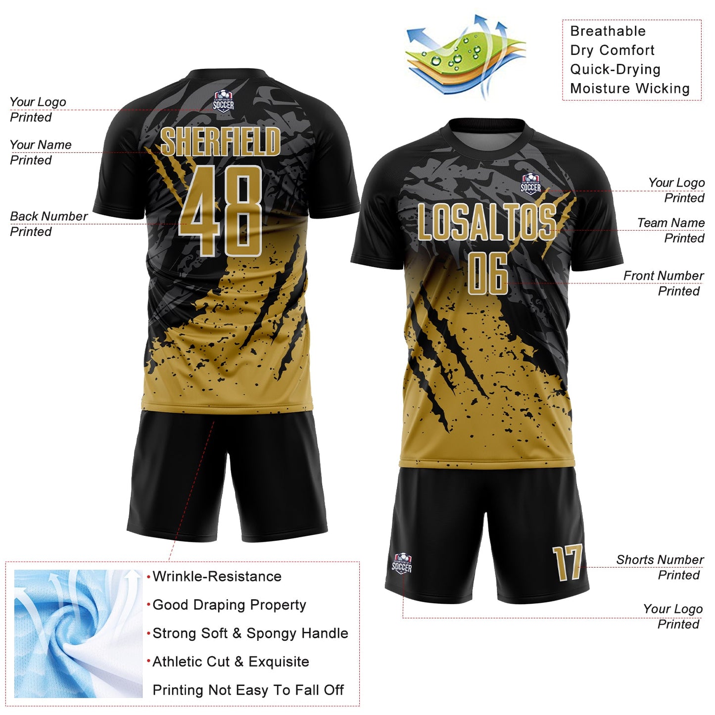 Custom Black Old Gold-White Gradient Scratch Splash Sublimation Soccer Uniform Jersey view 4