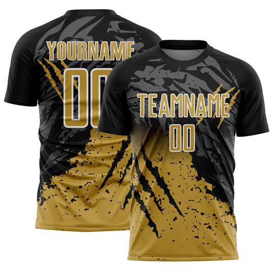 Custom Black Old Gold-White Gradient Scratch Splash Sublimation Soccer Uniform Jersey - Main View
