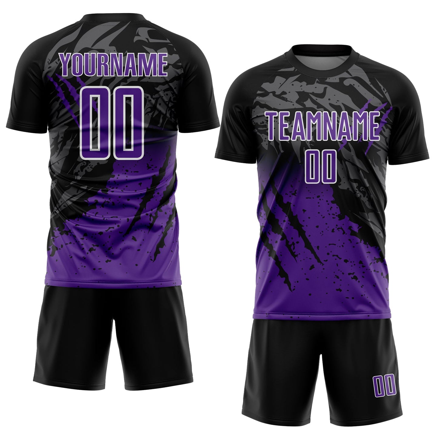 Custom Black Purple-White Gradient Scratch Splash Sublimation Soccer Uniform Jersey view 2