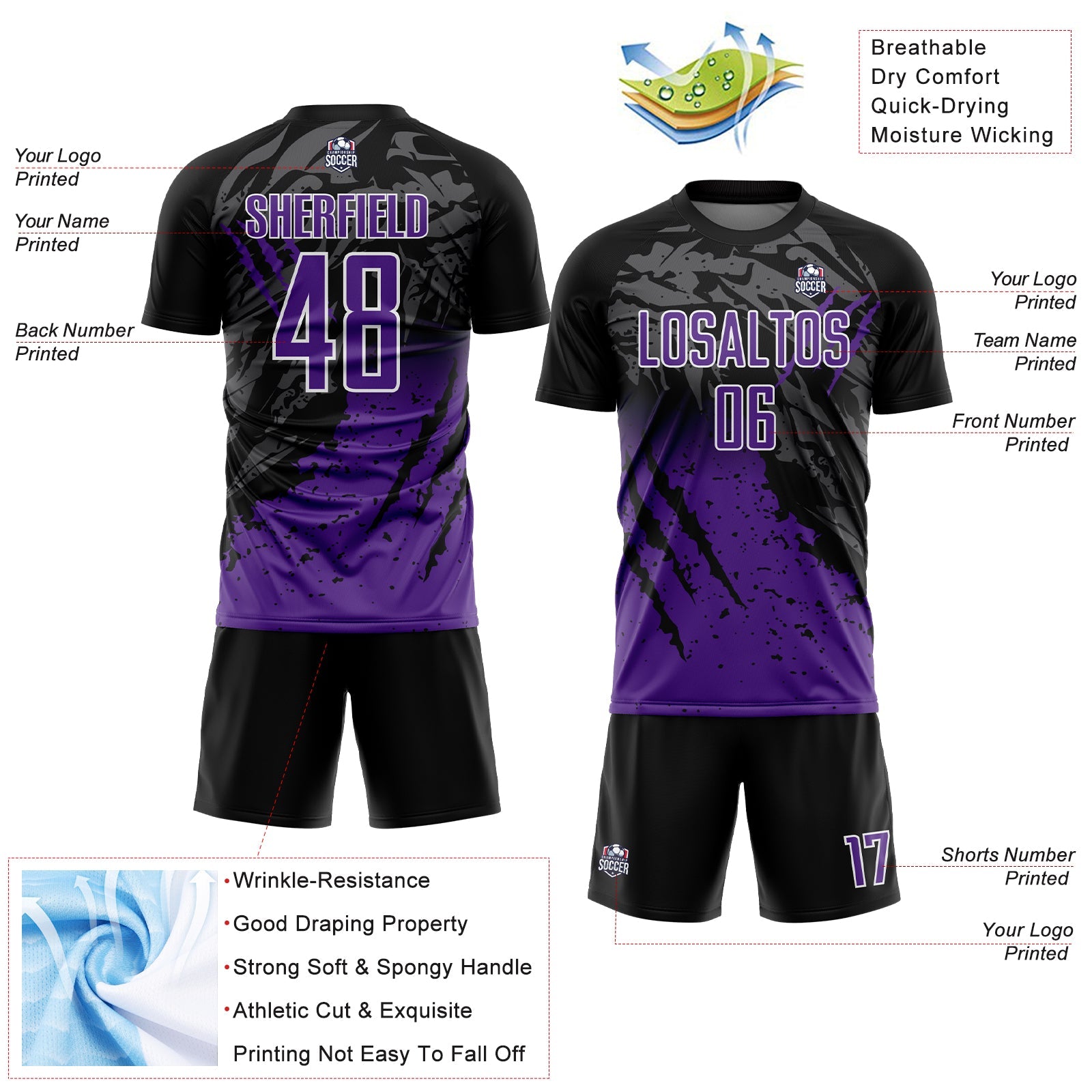 Custom Black Purple-White Gradient Scratch Splash Sublimation Soccer Uniform Jersey view 4