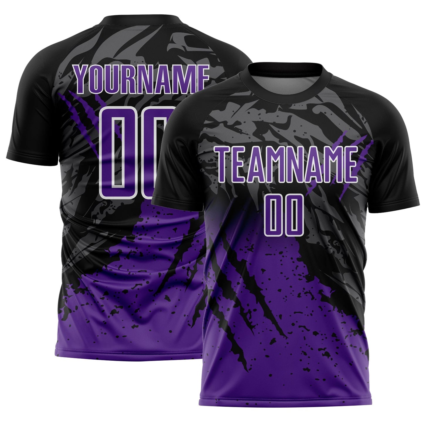 Custom Black Purple-White Gradient Scratch Splash Sublimation Soccer Uniform Jersey - Main View