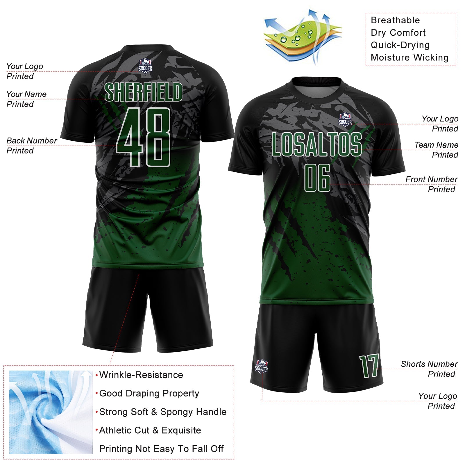 Custom Black Green-White Gradient Scratch Splash Sublimation Soccer Uniform Jersey view 4