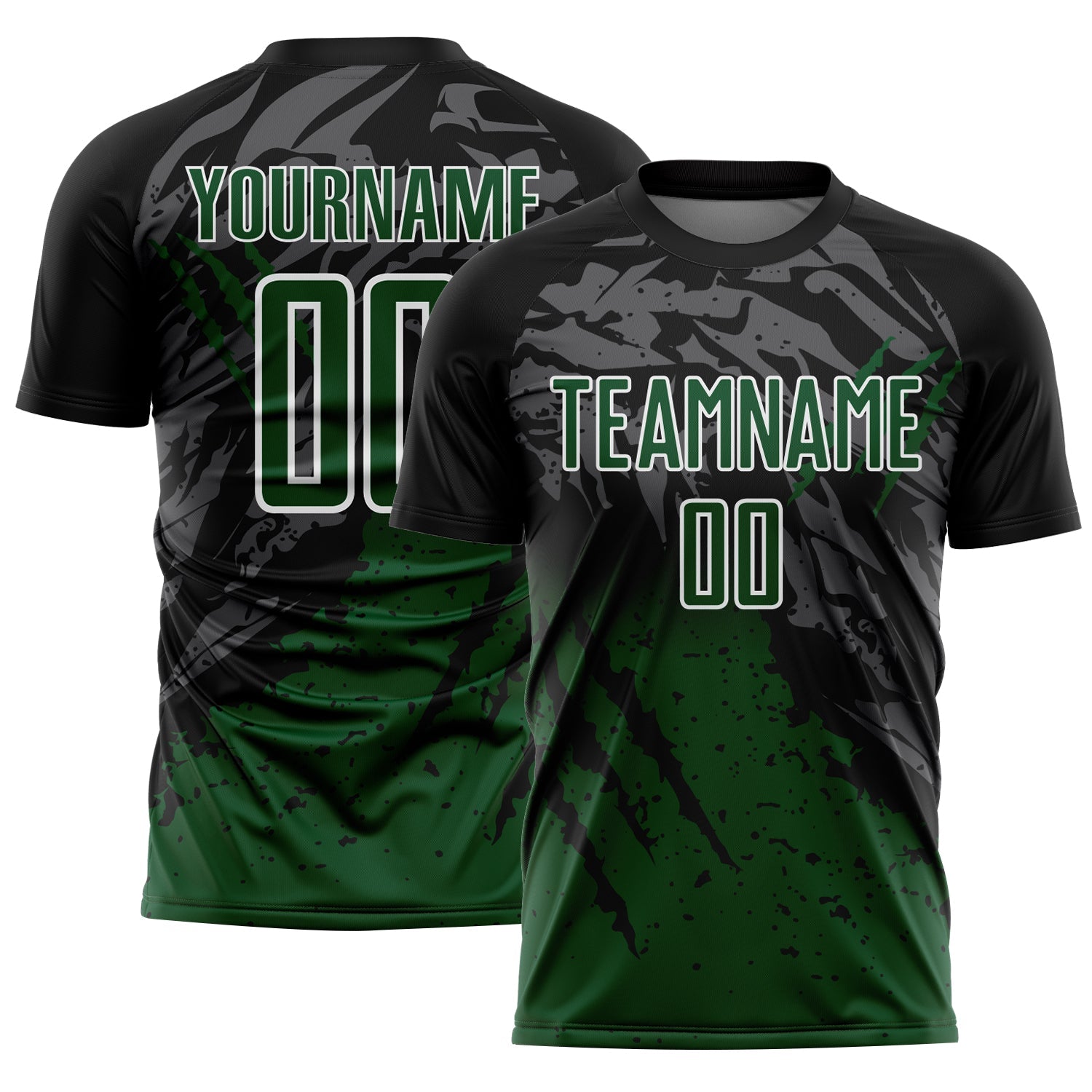Custom Black Green-White Gradient Scratch Splash Sublimation Soccer Uniform Jersey - Main View