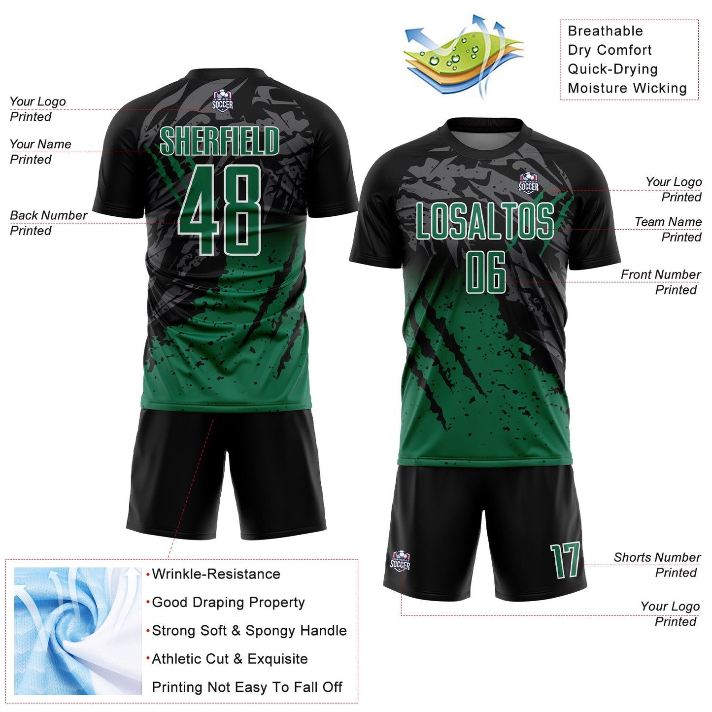Custom Black Kelly Green-White Gradient Scratch Splash Sublimation Soccer Uniform Jersey view 4