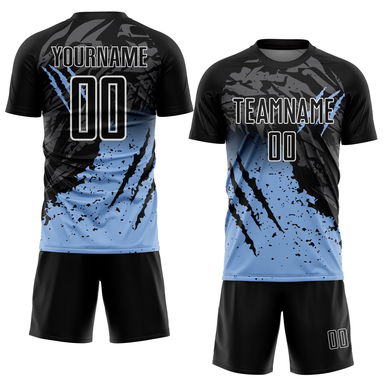Custom Black Light Blue-White Gradient Scratch Splash Sublimation Soccer Uniform Jersey view 2