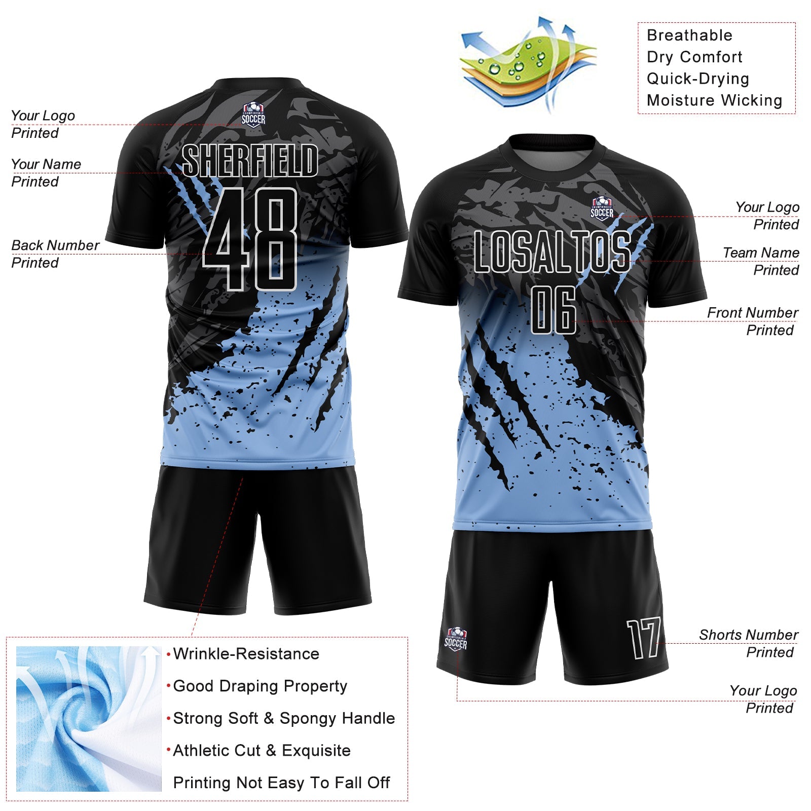 Custom Black Light Blue-White Gradient Scratch Splash Sublimation Soccer Uniform Jersey view 4