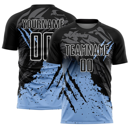 Custom Black Light Blue-White Gradient Scratch Splash Sublimation Soccer Uniform Jersey - Main View