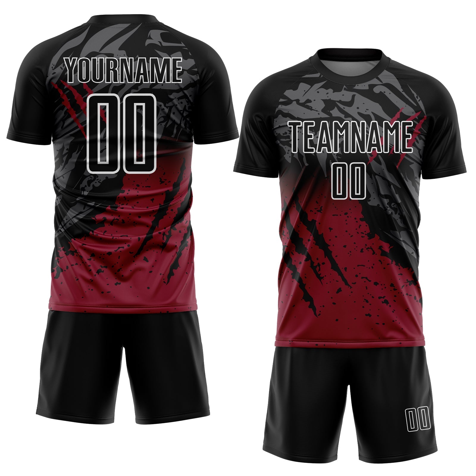 Custom Black Crimson-White Gradient Scratch Splash Sublimation Soccer Uniform Jersey view 2