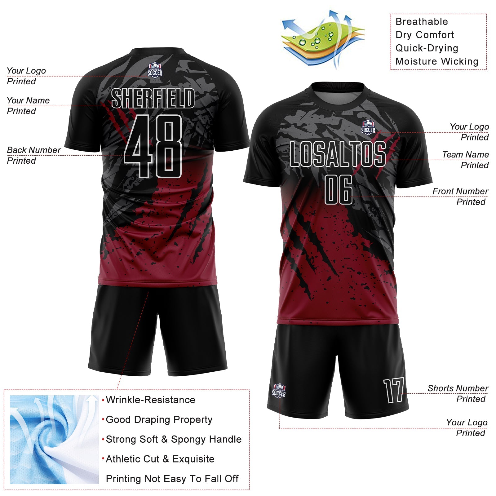 Custom Black Crimson-White Gradient Scratch Splash Sublimation Soccer Uniform Jersey view 4