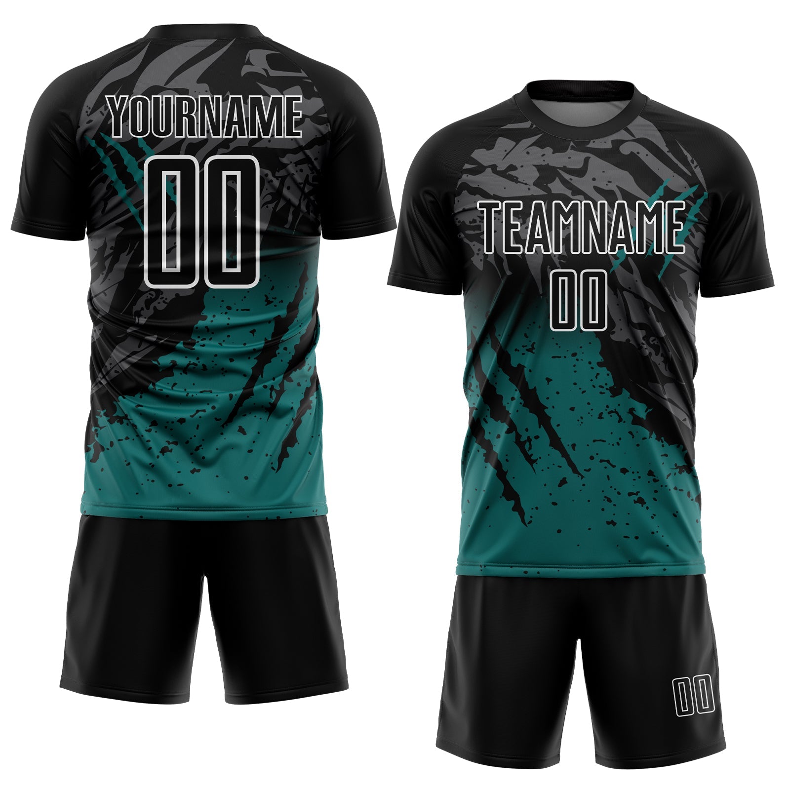 Custom Black Teal-White Gradient Scratch Splash Sublimation Soccer Uniform Jersey view 2