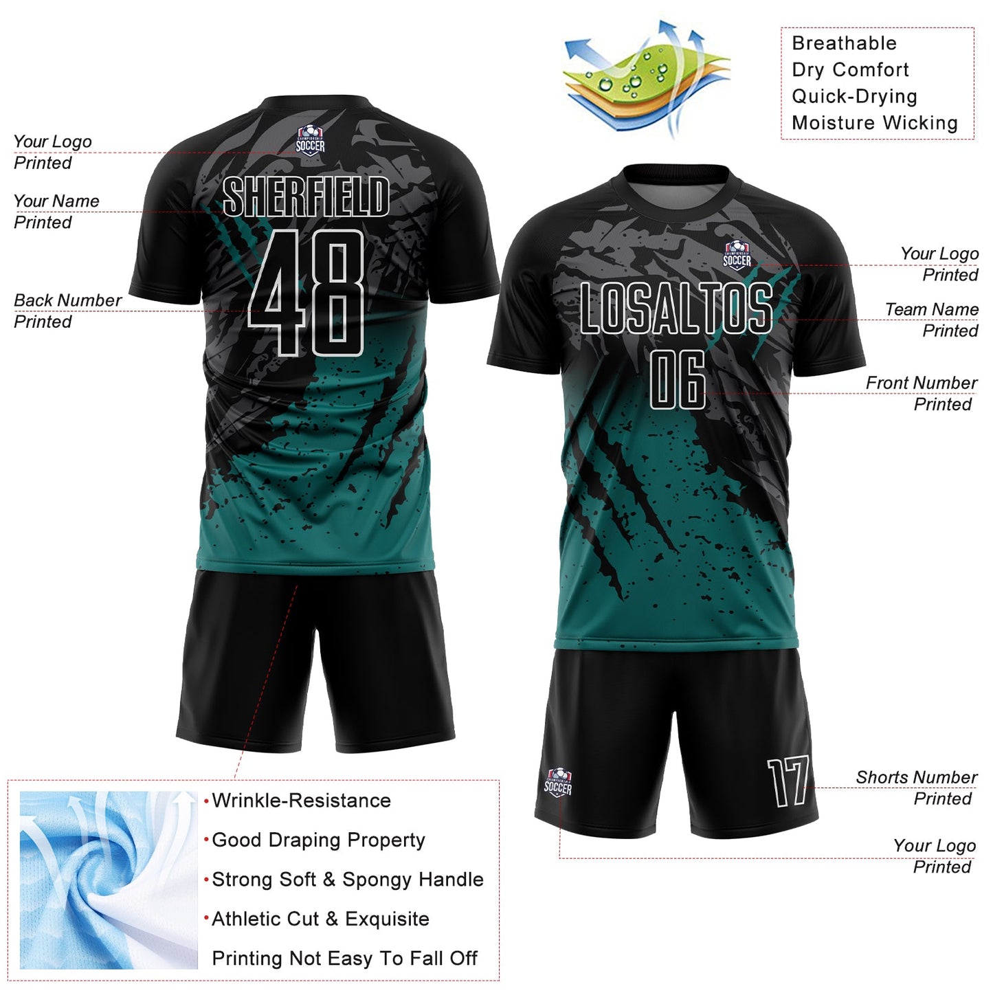 Custom Black Teal-White Gradient Scratch Splash Sublimation Soccer Uniform Jersey view 4