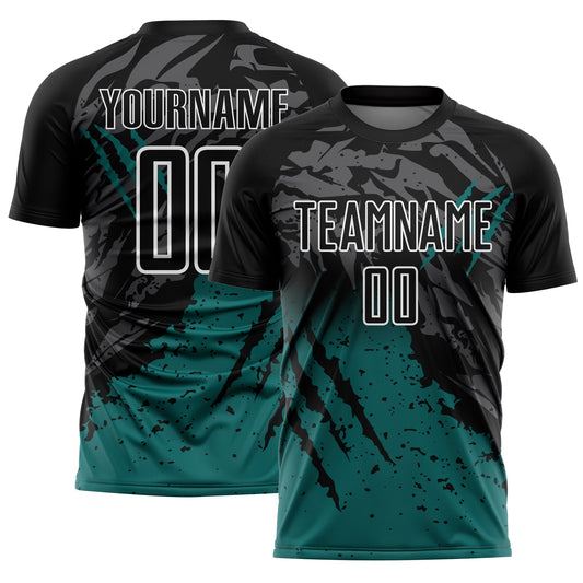 Custom Black Teal-White Gradient Scratch Splash Sublimation Soccer Uniform Jersey - Main View