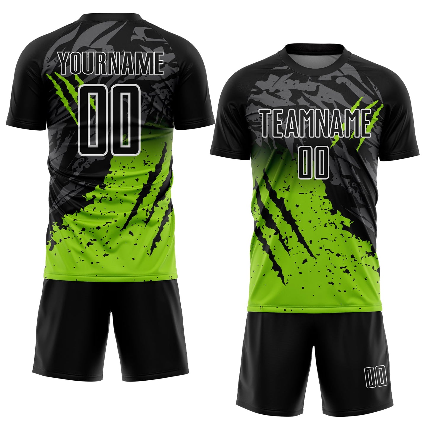 Custom Black Neon Green-White Gradient Scratch Splash Sublimation Soccer Uniform Jersey view 2