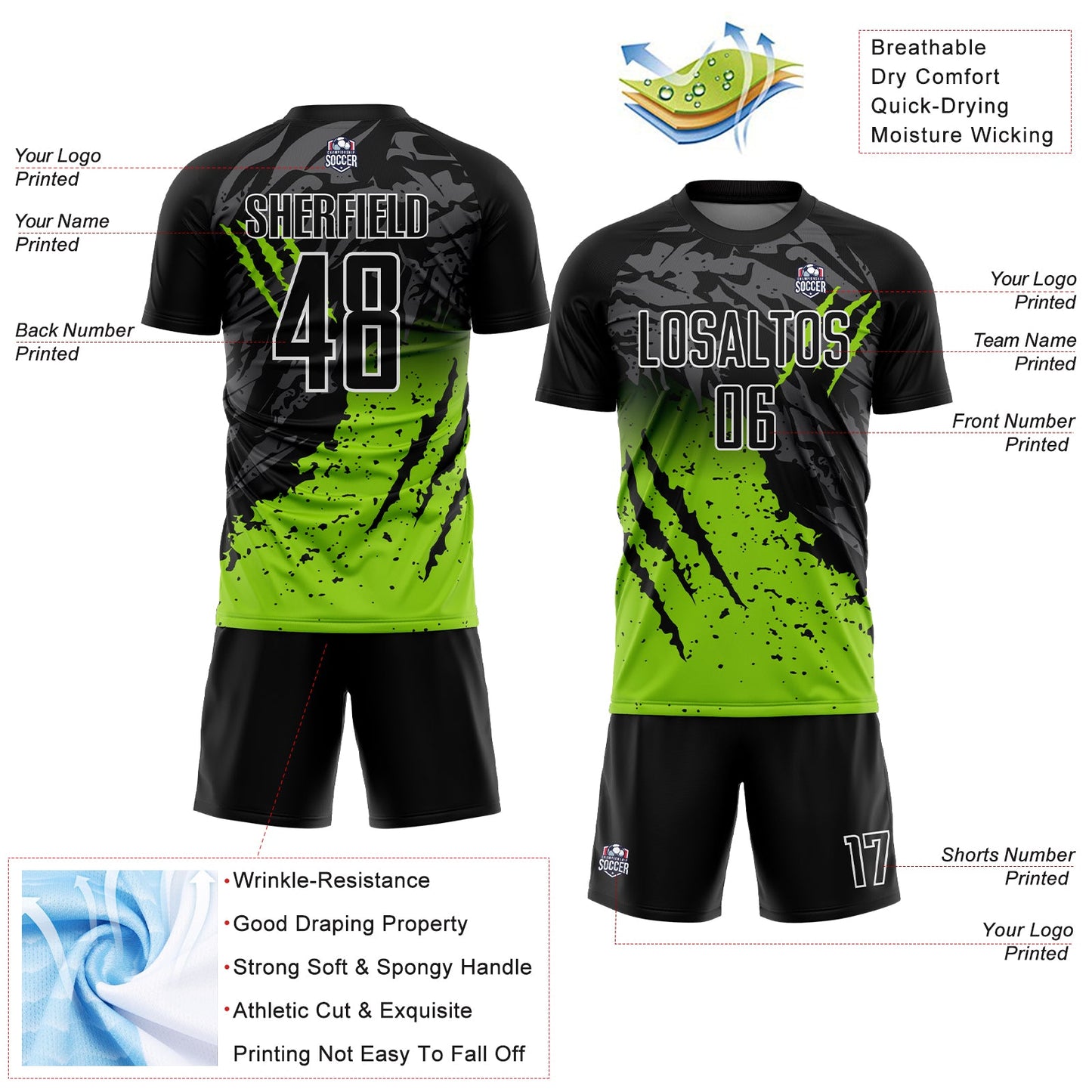 Custom Black Neon Green-White Gradient Scratch Splash Sublimation Soccer Uniform Jersey view 4