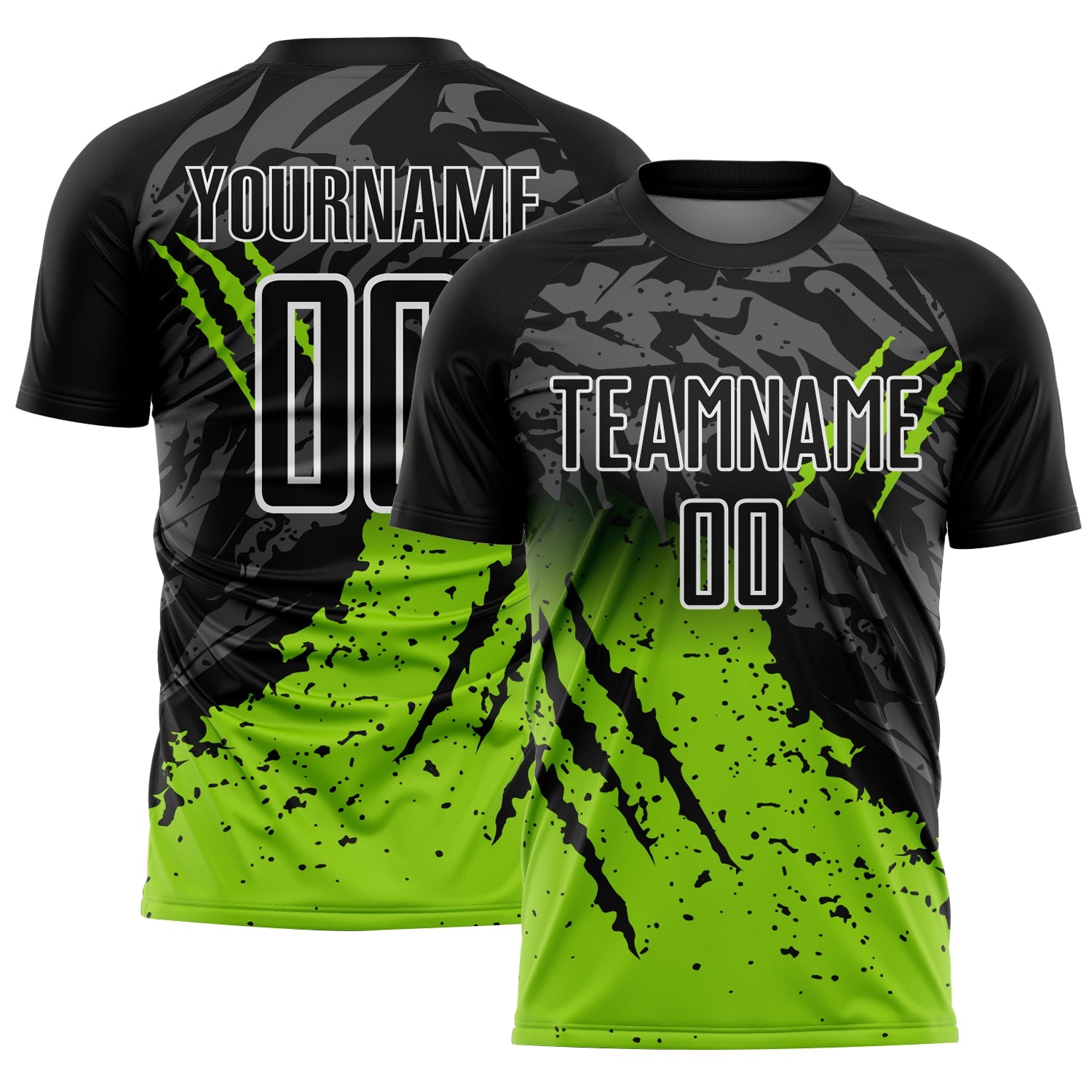 Custom Black Neon Green-White Gradient Scratch Splash Sublimation Soccer Uniform Jersey - Main View