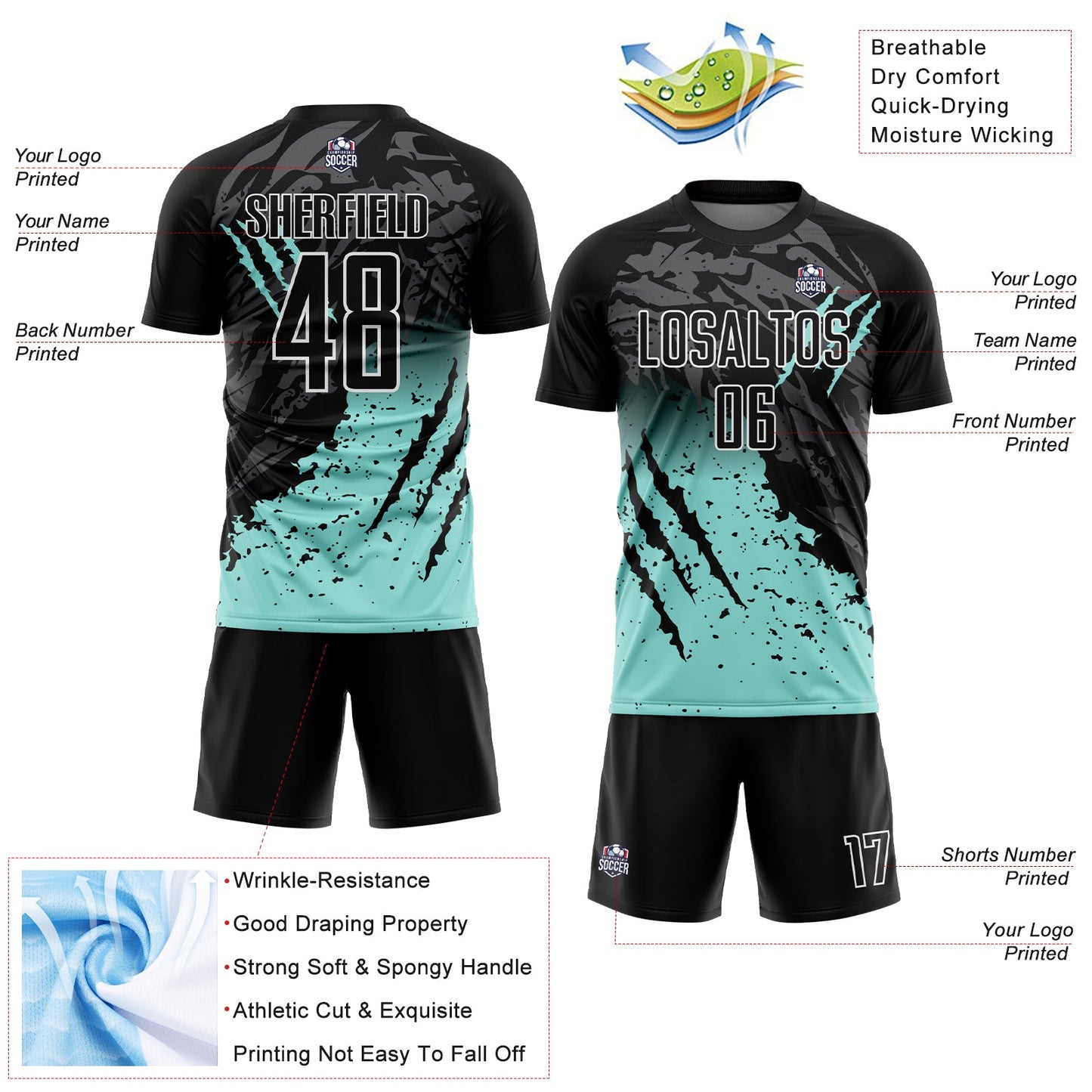 Custom Black Ice Blue-White Gradient Scratch Splash Sublimation Soccer Uniform Jersey view 4