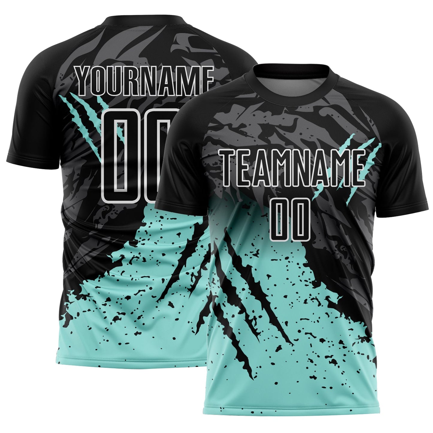 Custom Black Ice Blue-White Gradient Scratch Splash Sublimation Soccer Uniform Jersey - Main View