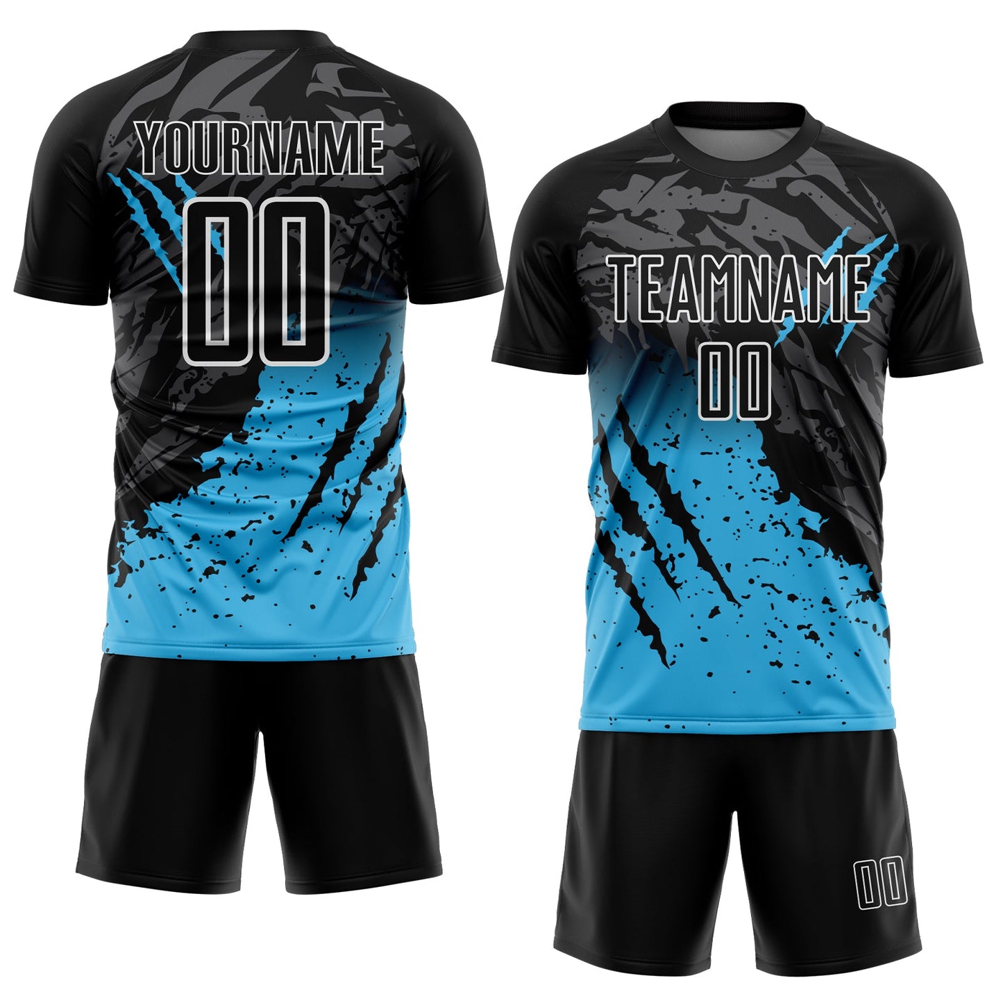 Custom Black Sky Blue-White Gradient Scratch Splash Sublimation Soccer Uniform Jersey view 2