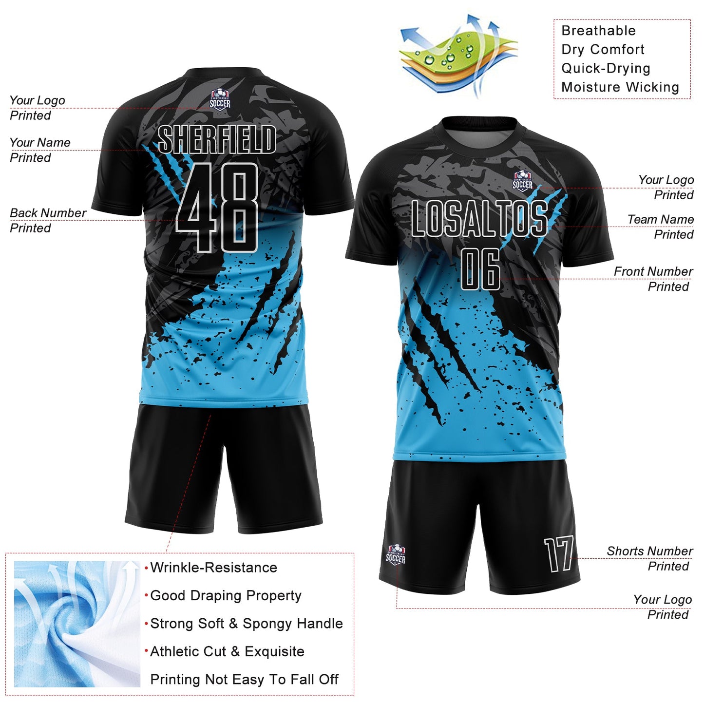 Custom Black Sky Blue-White Gradient Scratch Splash Sublimation Soccer Uniform Jersey view 4