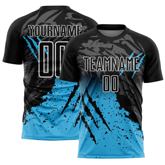 Custom Black Sky Blue-White Gradient Scratch Splash Sublimation Soccer Uniform Jersey - Main View