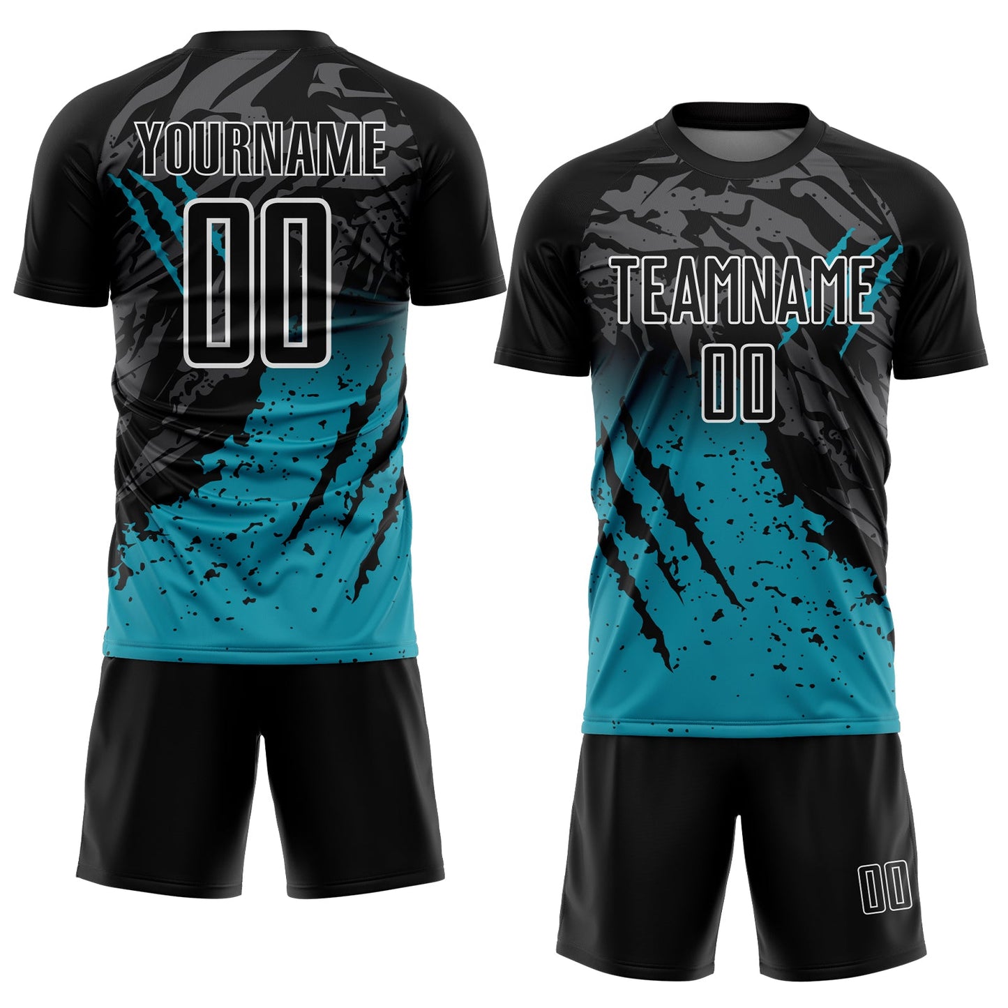 Custom Black Teal-White Gradient Scratch Splash Sublimation Soccer Uniform Jersey view 2