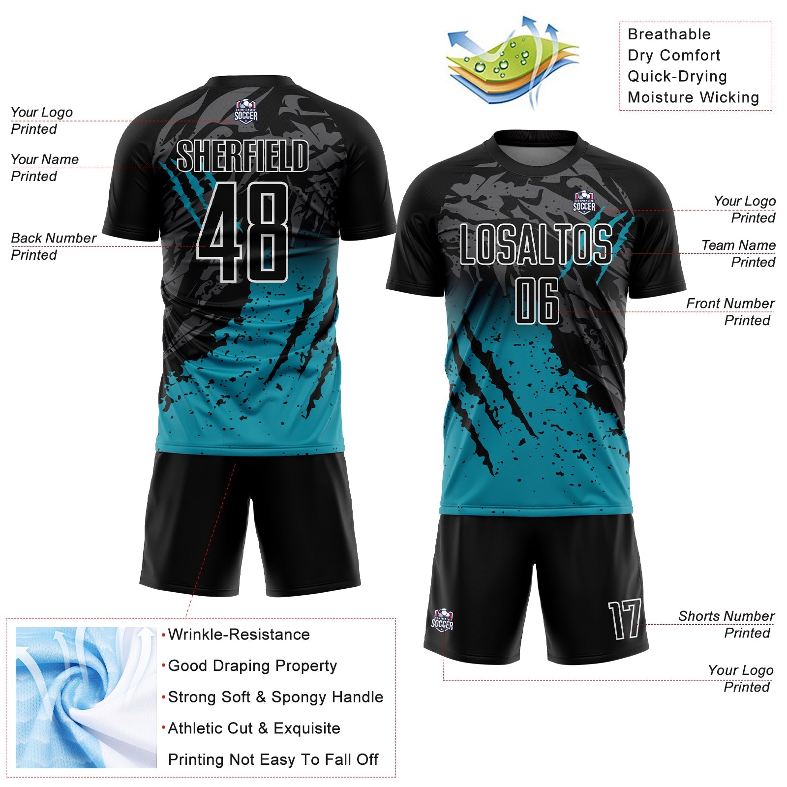 Custom Black Teal-White Gradient Scratch Splash Sublimation Soccer Uniform Jersey view 4