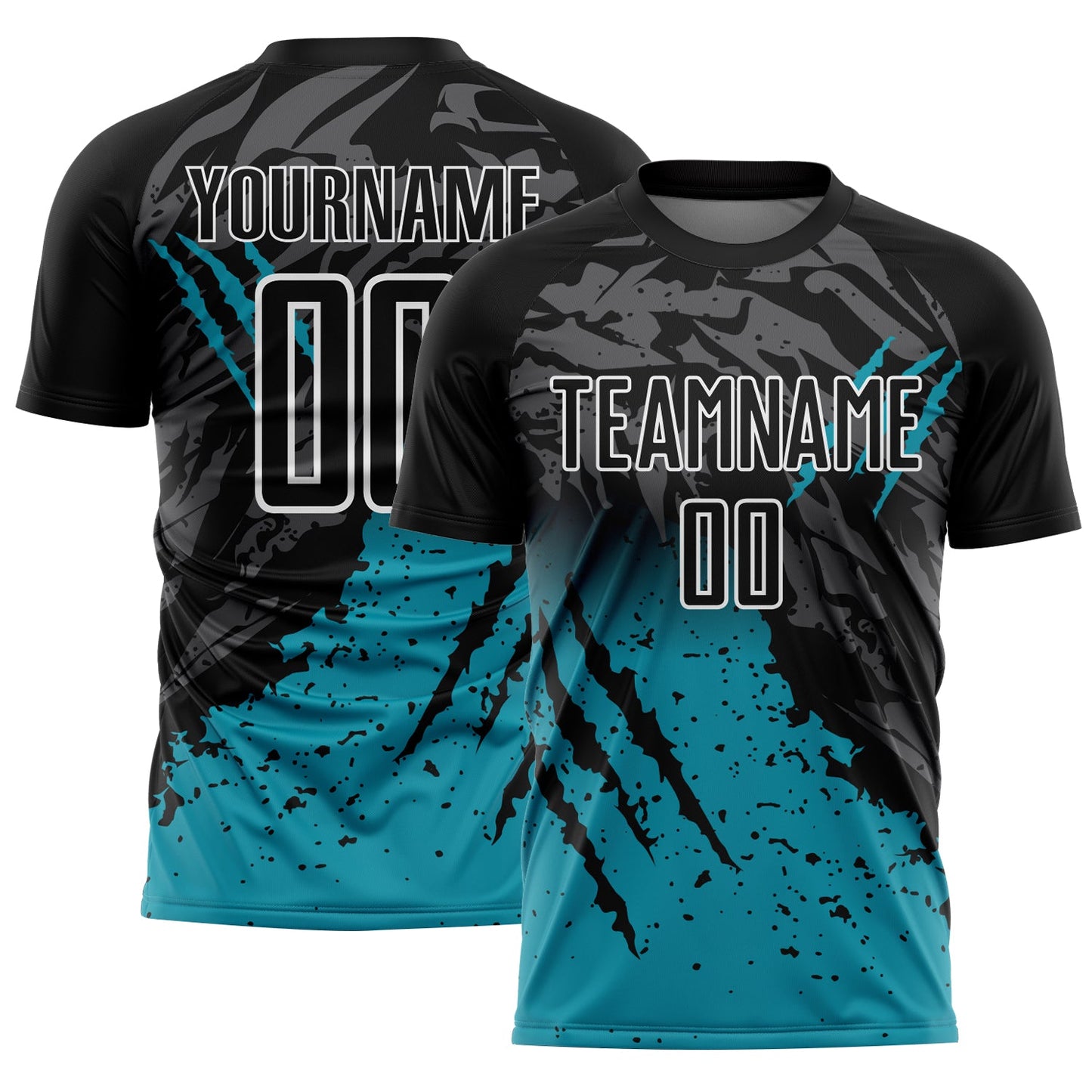 Custom Black Teal-White Gradient Scratch Splash Sublimation Soccer Uniform Jersey - Main View