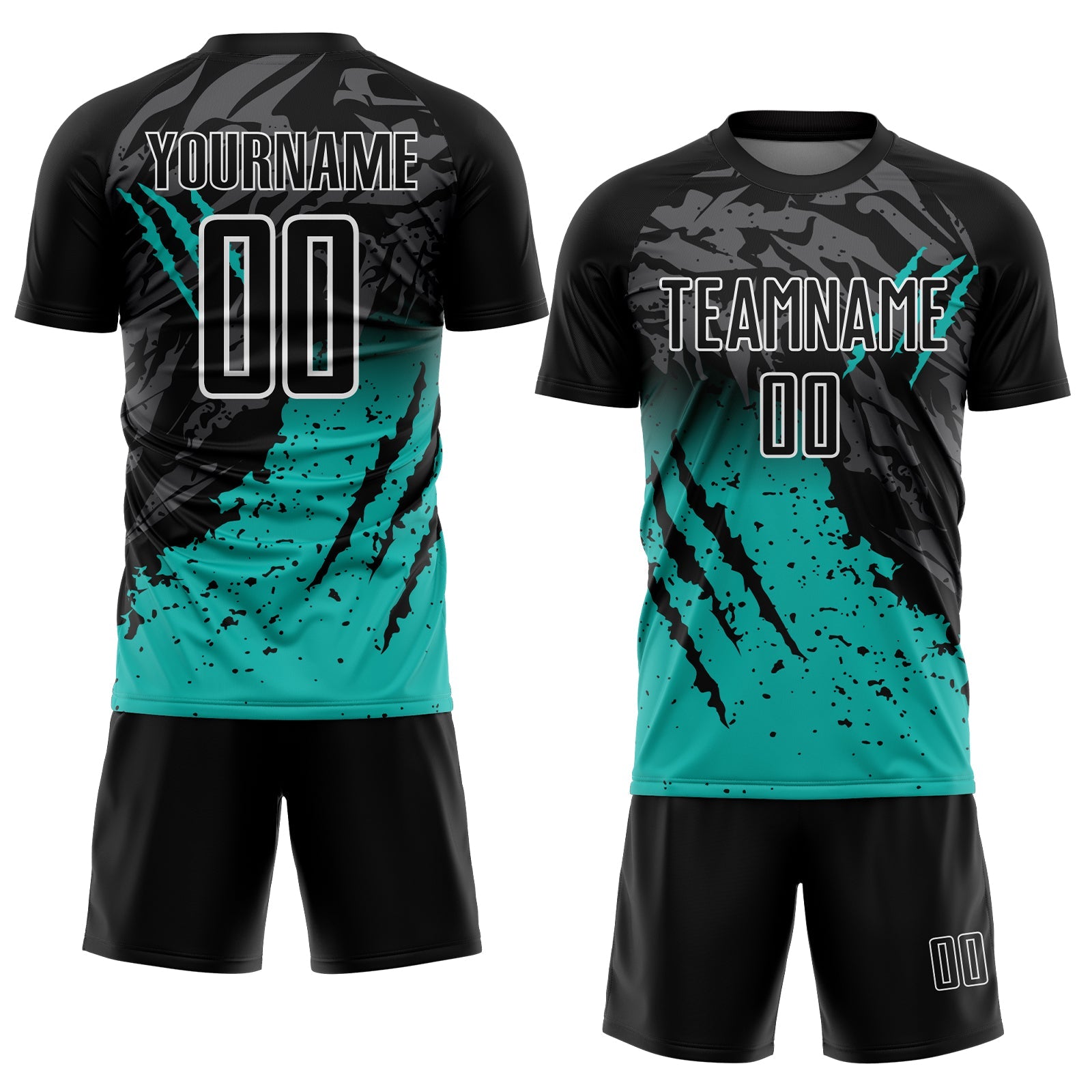 Custom Black Aqua-White Gradient Scratch Splash Sublimation Soccer Uniform Jersey view 2
