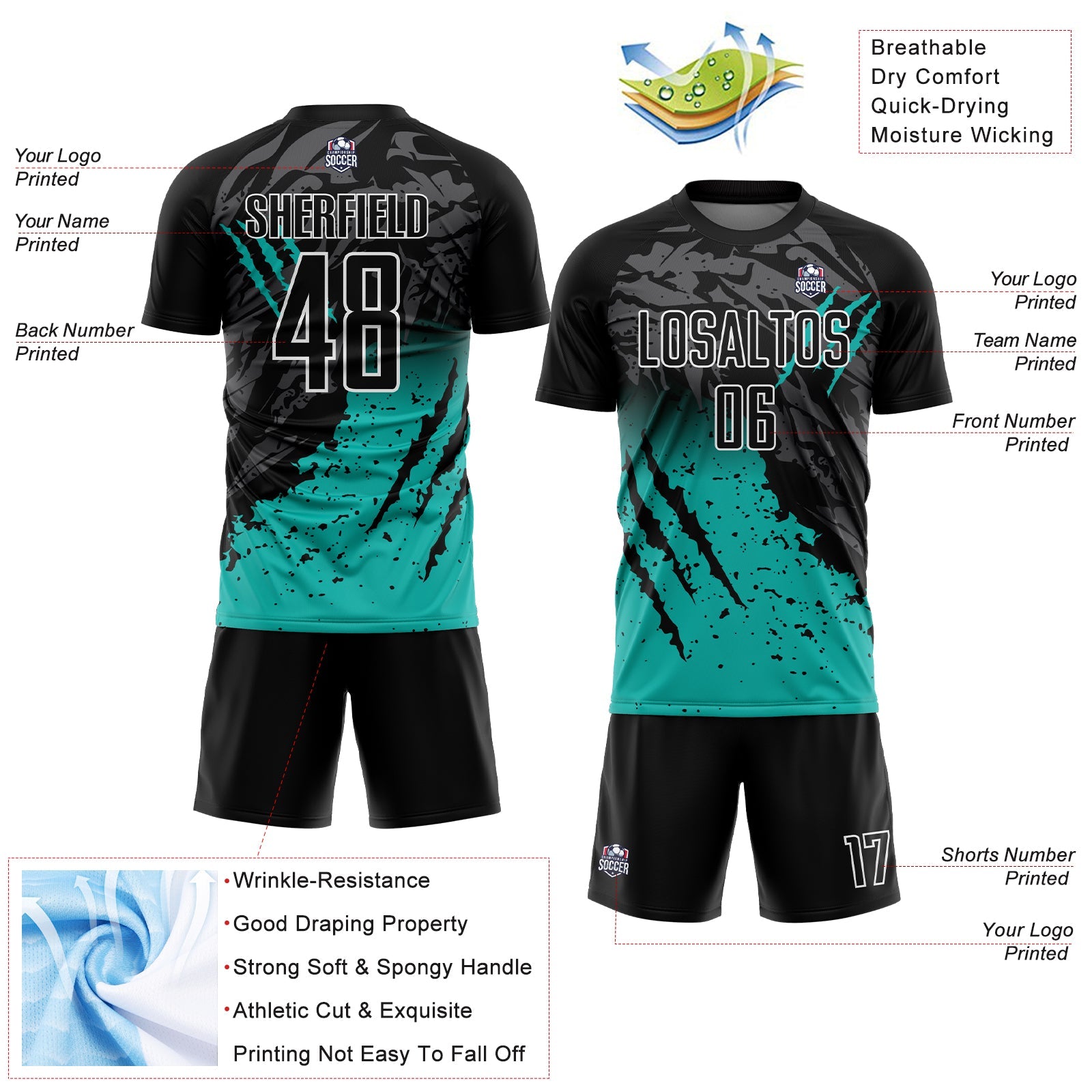 Custom Black Aqua-White Gradient Scratch Splash Sublimation Soccer Uniform Jersey view 4