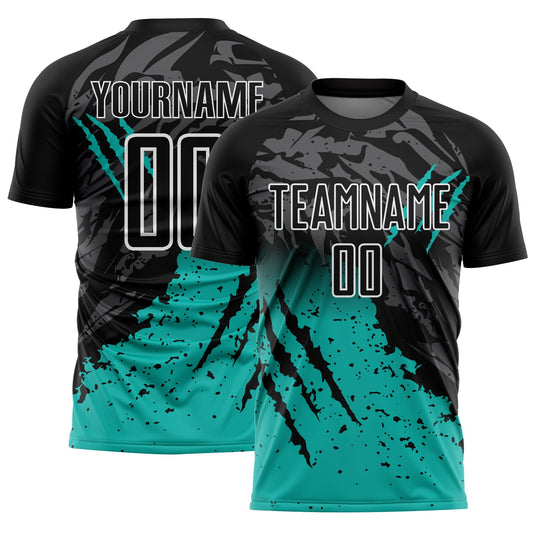 Custom Black Aqua-White Gradient Scratch Splash Sublimation Soccer Uniform Jersey - Main View