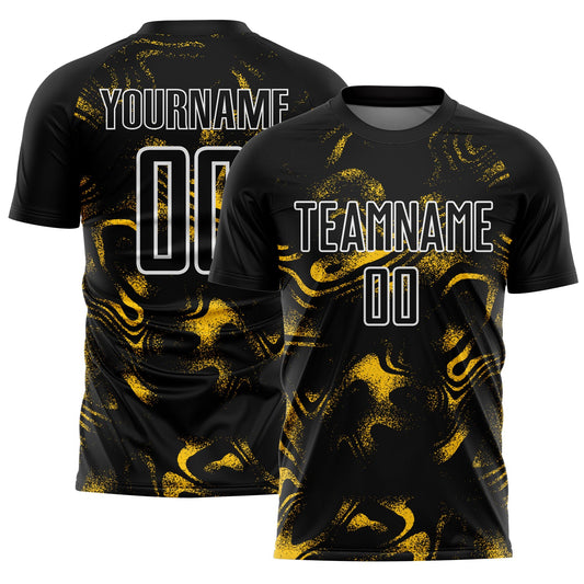 Custom Black Yellow-White Abstract Liquid Sublimation Soccer Uniform Jersey - Main View
