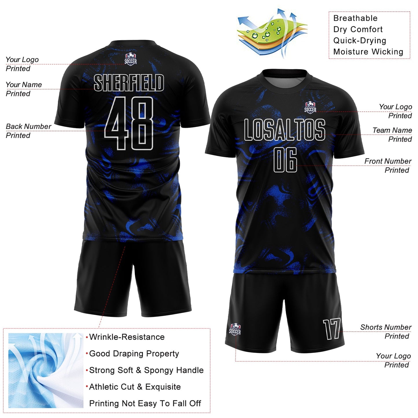 Custom Black Thunder Blue-White Abstract Liquid Sublimation Soccer Uniform Jersey view 4