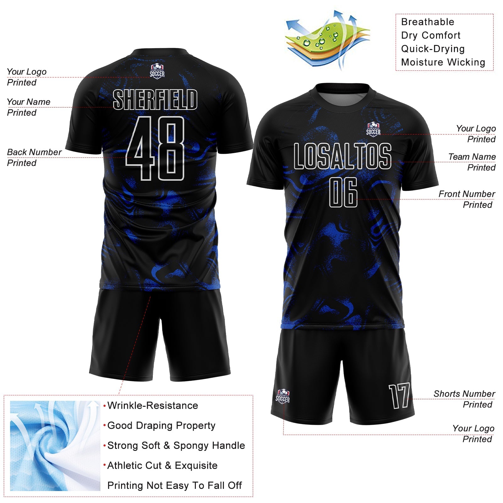Custom Black Thunder Blue-White Abstract Liquid Sublimation Soccer Uniform Jersey view 4