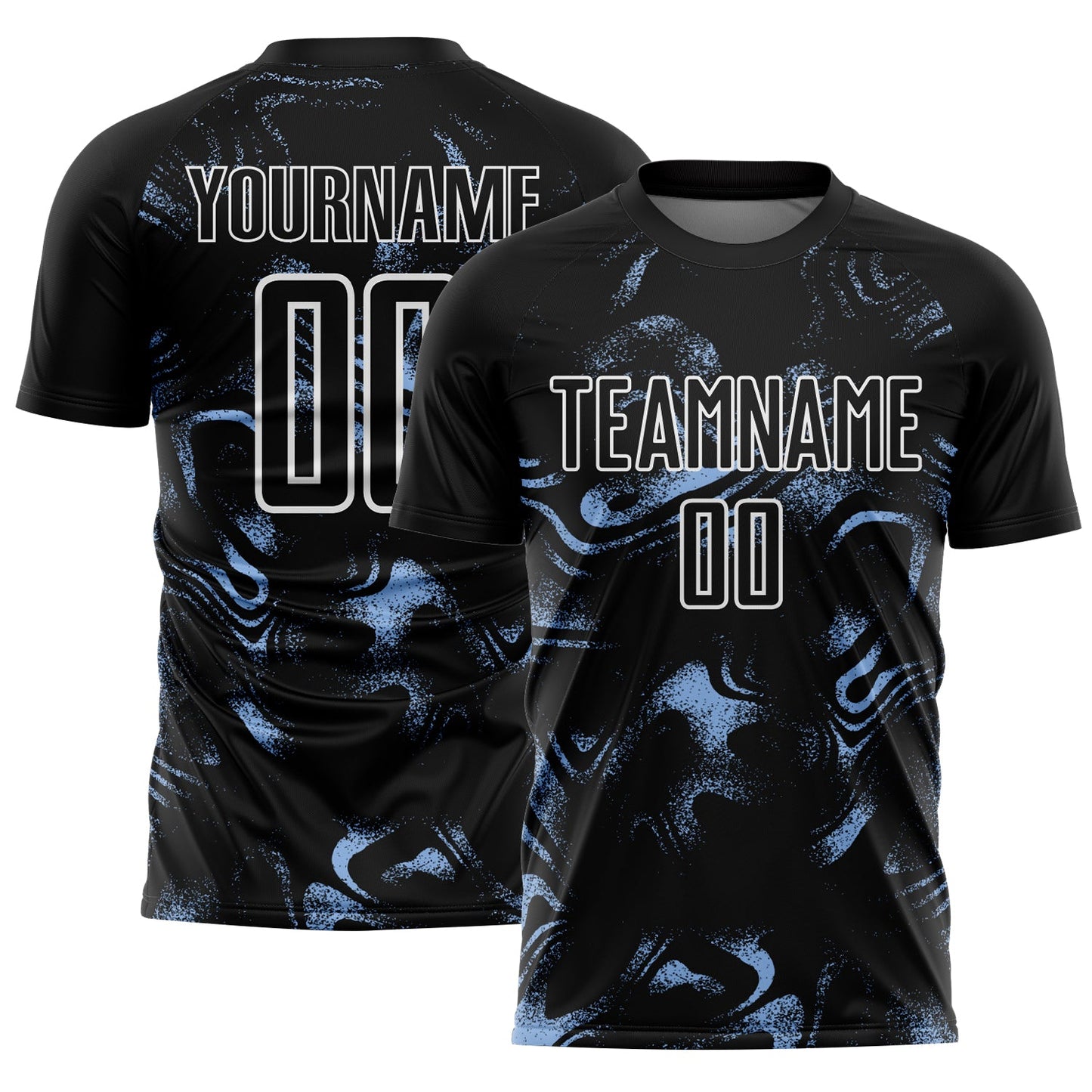 Custom Black Light Blue-White Abstract Liquid Sublimation Soccer Uniform Jersey - Main View