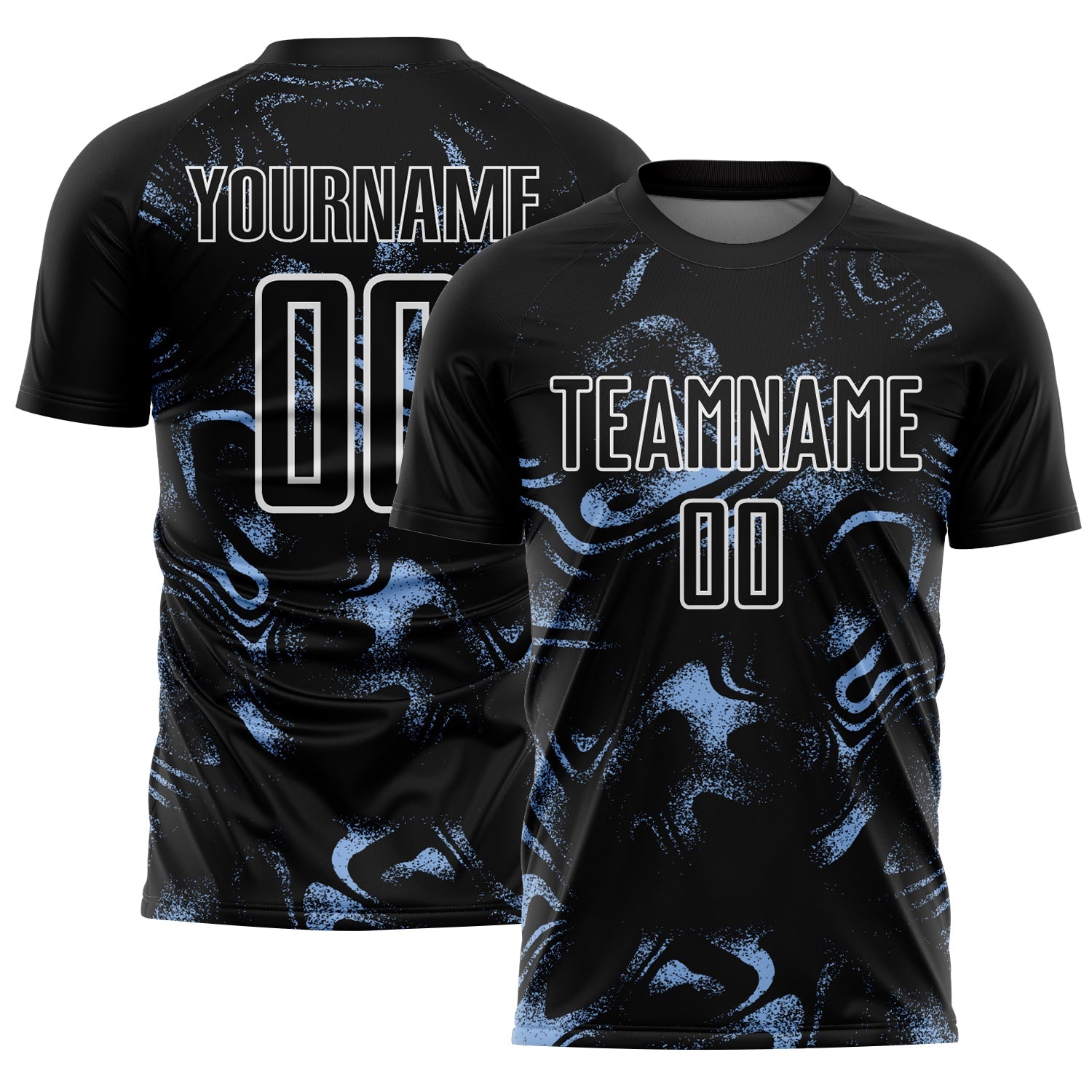 Custom Black Light Blue-White Abstract Liquid Sublimation Soccer Uniform Jersey - Main View