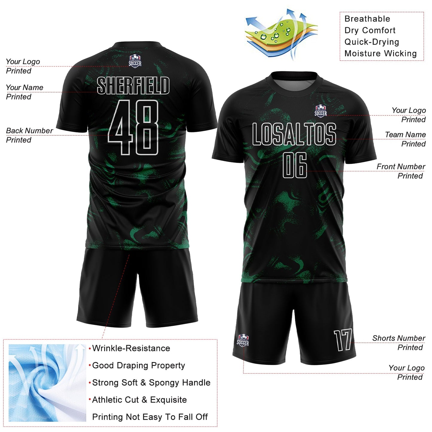 Custom Black Kelly Green-White Abstract Liquid Sublimation Soccer Uniform Jersey view 4
