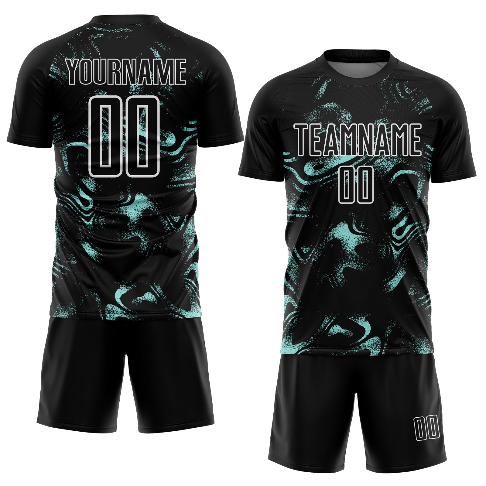Custom Black Ice Blue-White Abstract Liquid Sublimation Soccer Uniform Jersey view 2