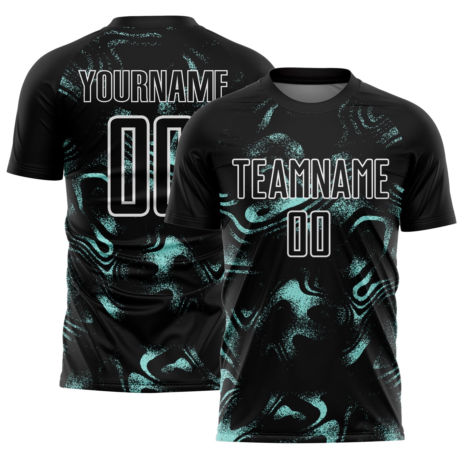 Custom Black Ice Blue-White Abstract Liquid Sublimation Soccer Uniform Jersey - Main View