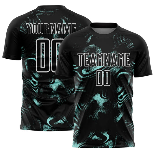 Custom Black Ice Blue-White Abstract Liquid Sublimation Soccer Uniform Jersey - Main View