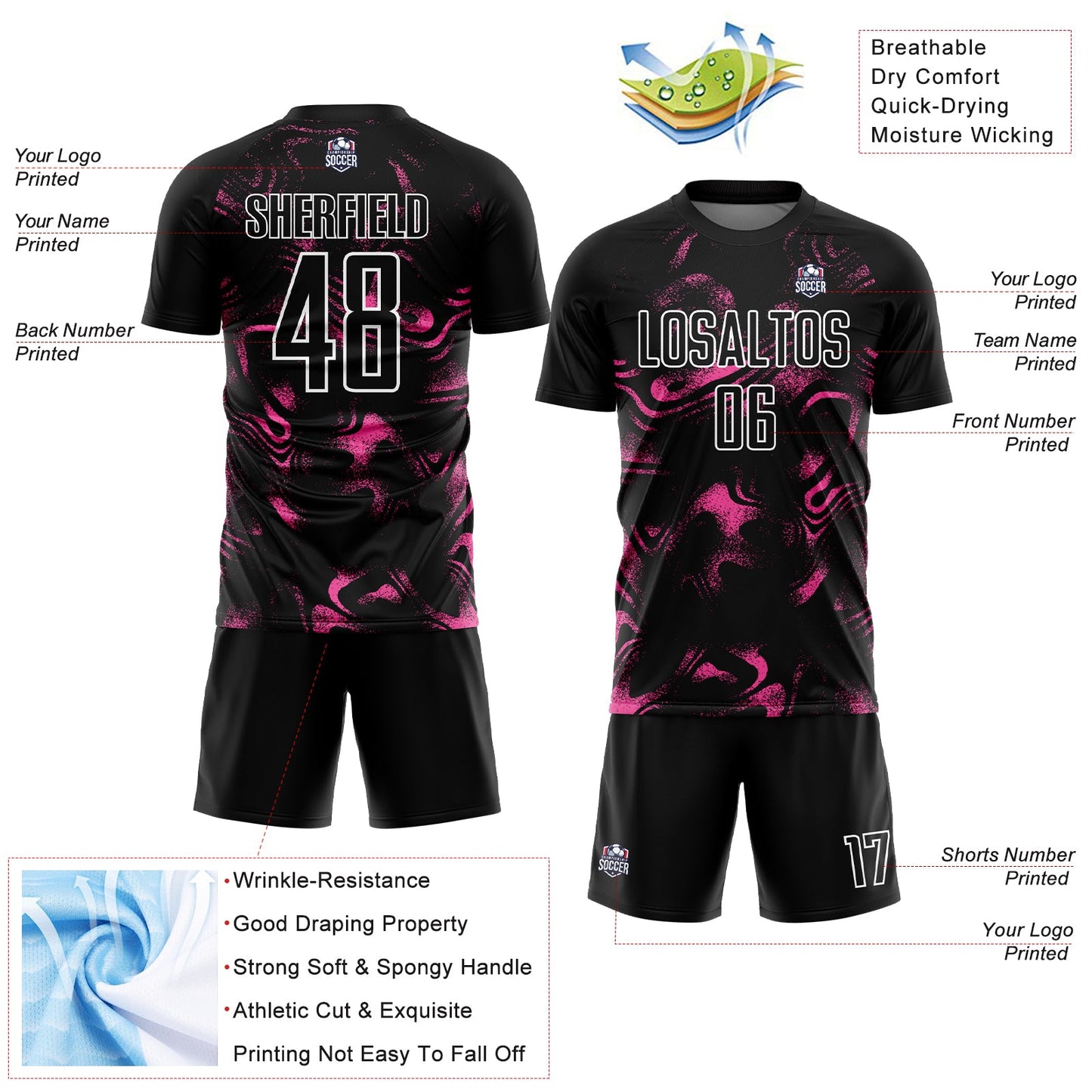 Custom Black Pink-White Abstract Liquid Sublimation Soccer Uniform Jersey view 4