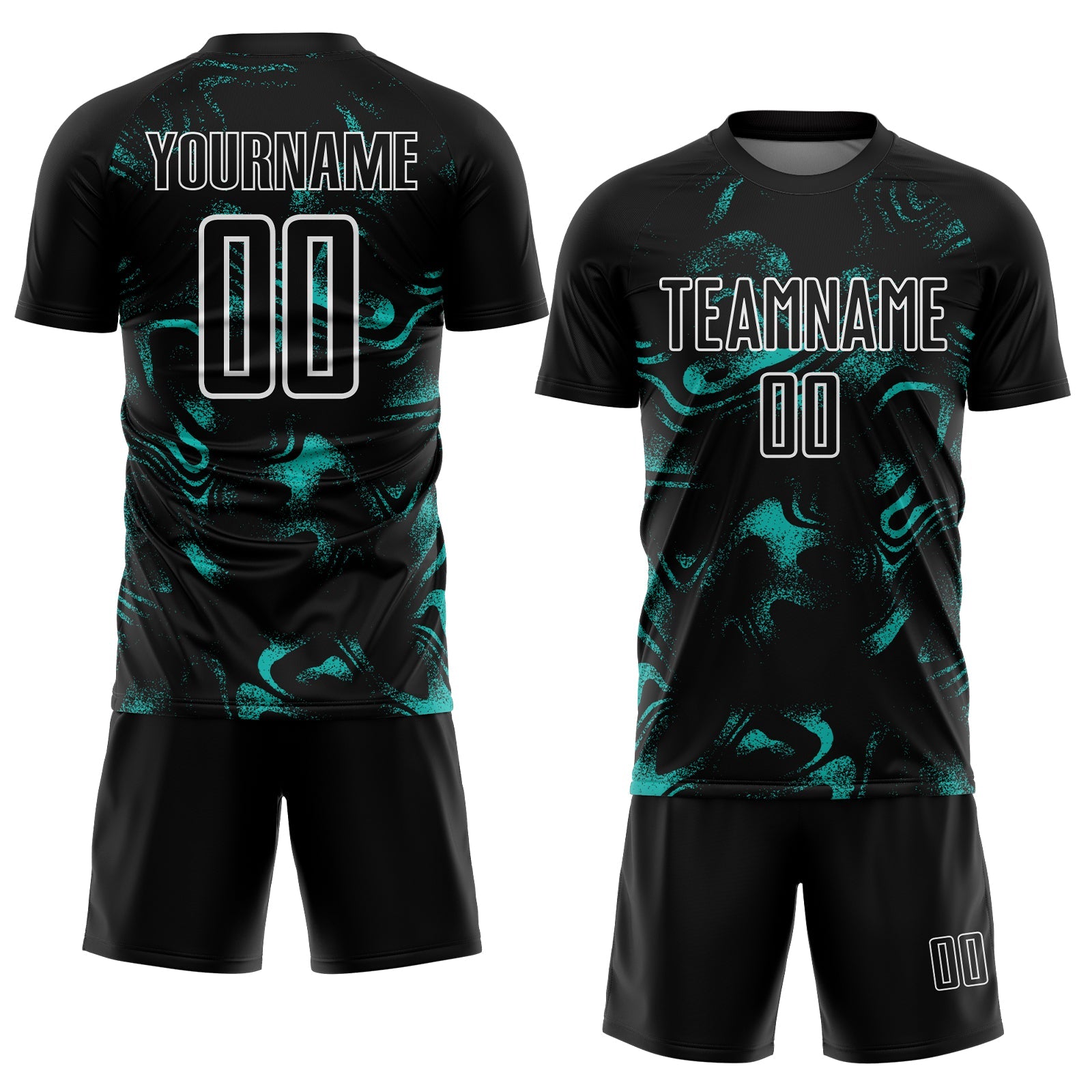 Custom Black Aqua-White Abstract Liquid Sublimation Soccer Uniform Jersey view 2