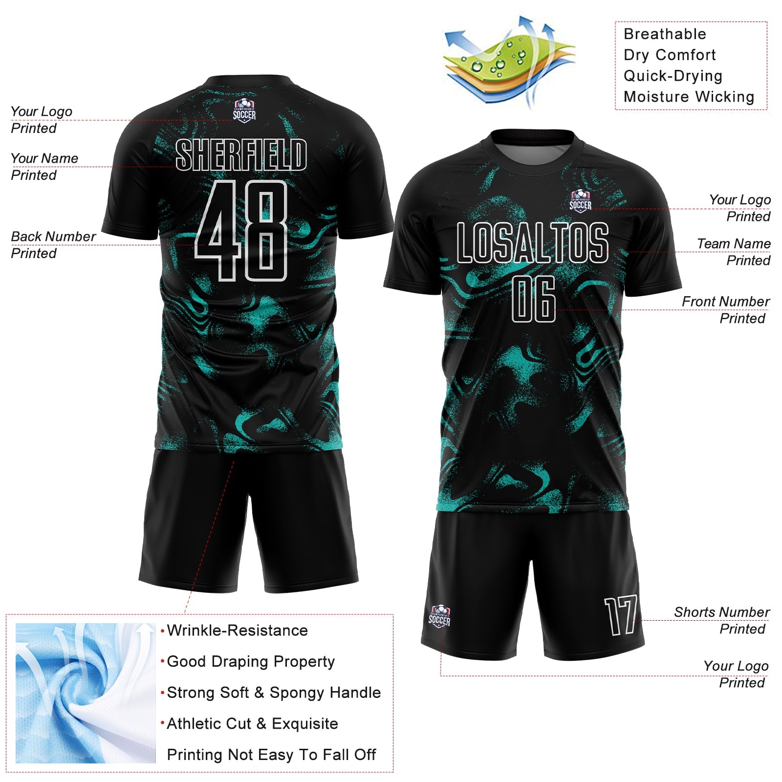 Custom Black Aqua-White Abstract Liquid Sublimation Soccer Uniform Jersey view 4