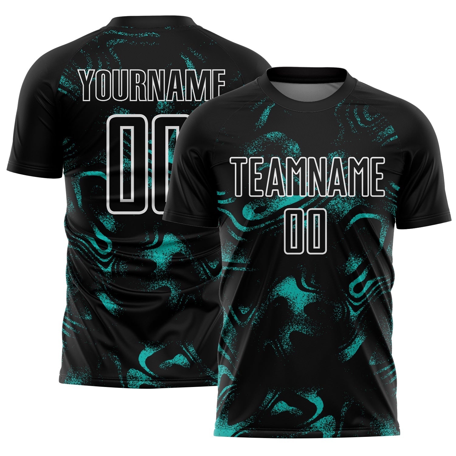 Custom Black Aqua-White Abstract Liquid Sublimation Soccer Uniform Jersey - Main View
