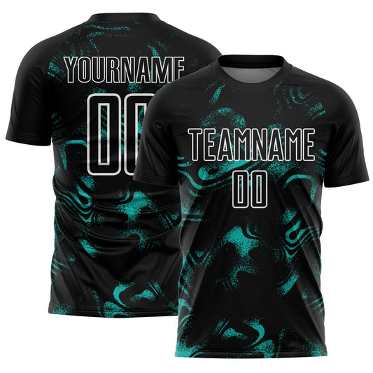 Custom Black Aqua-White Abstract Liquid Sublimation Soccer Uniform Jersey - Main View