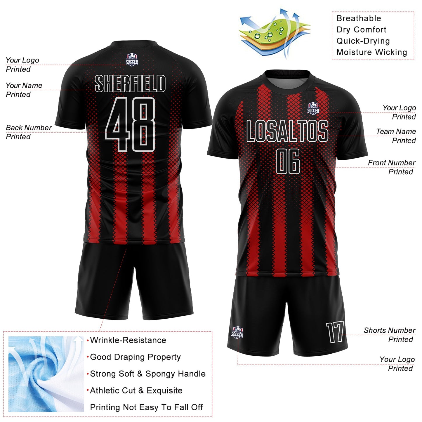 Custom Black Red-White Geometric Shape Sublimation Soccer Uniform Jersey view 4