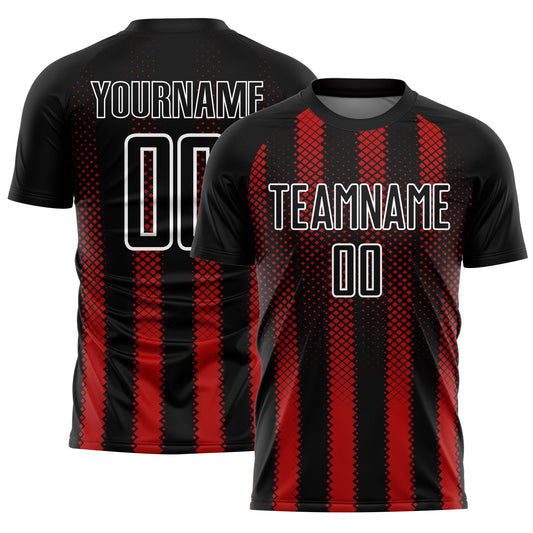 Custom Black Red-White Geometric Shape Sublimation Soccer Uniform Jersey - Main View